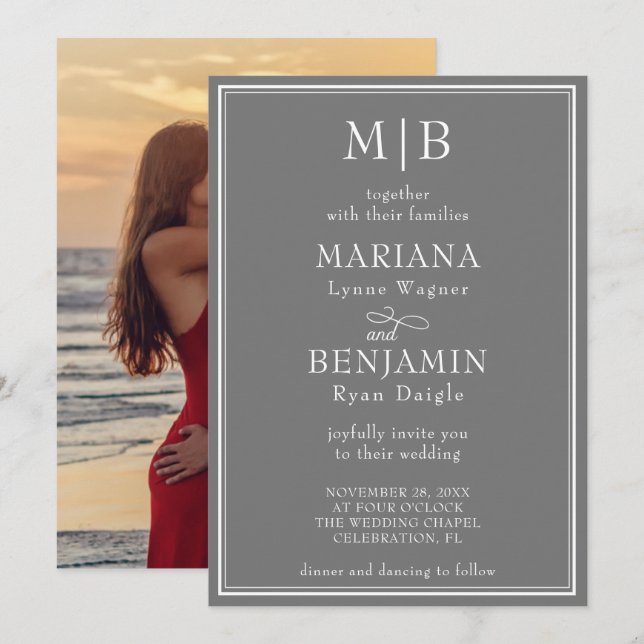 Foto Moderne Minimalistische Boho Gray Wedding Einladung (Vorne/Hinten)