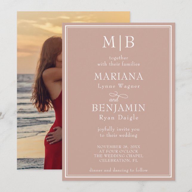Foto Moderne Minimalistische Boho Pink Hochzeit Einladung (Vorne/Hinten)