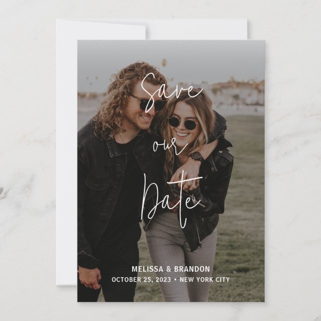 Foto Moderne schicke Pastel Pink Gold Script Hochz Save The Date (Vorderseite)