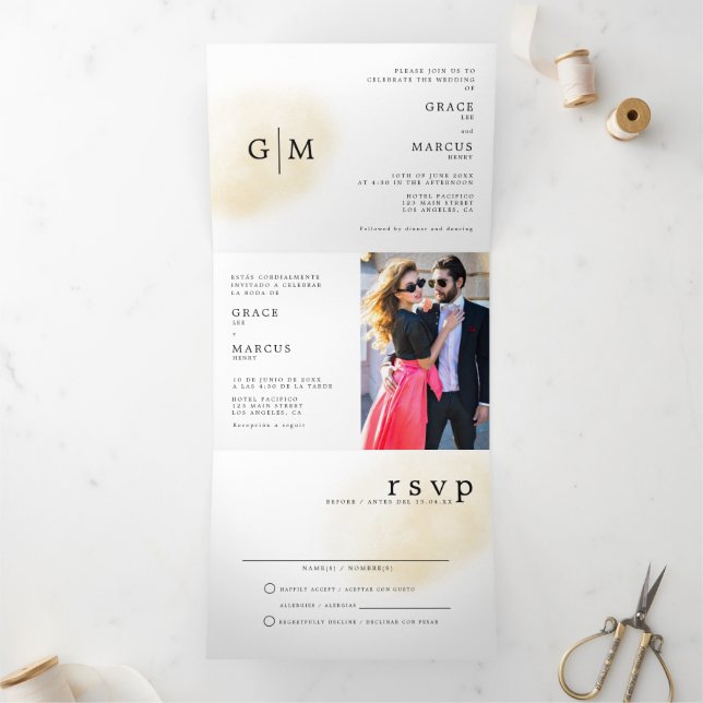 Foto Monogram Bilingual Wedding Einladung (Innenseite)