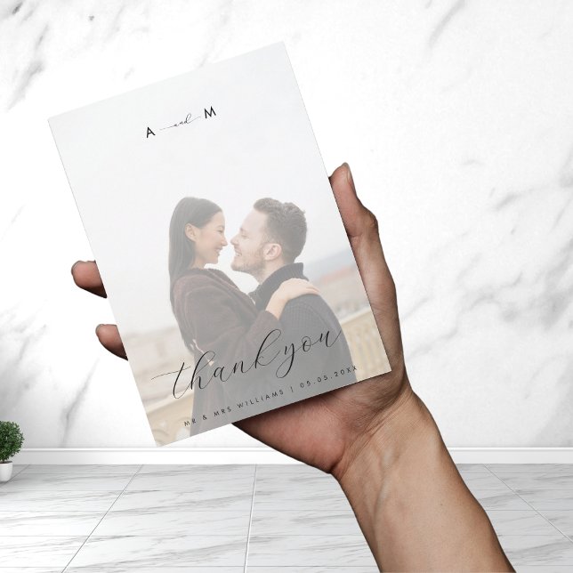 Foto Monogram, leicht verblasst, Elegant, Weiße Ho Dankeskarte (Von Creator hochgeladen)