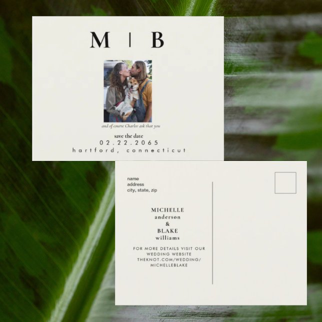 Foto-Monogramm-Creme Save the Date Hochzeit Ankündigungspostkarte (Von Creator hochgeladen)