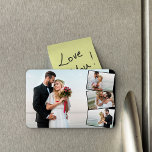 Foto-Montage Hochzeitsfotos Magnet<br><div class="desc">Erstellen Sie Ihren eigenen Hochzeitsmagnet mit 4 Ihrer Lieblingsfotos. Die Bildvorlage ist ein Set bis zum Erstellen einer Foto-Collage mit einem Haupthintergrund-Foto, überlagert mit den übrigen drei Fotos in einem vertikalen Zickzack. Ihre Bilder werden im Landschaftsformat mit schwarzen Rahmen dargestellt.</div>