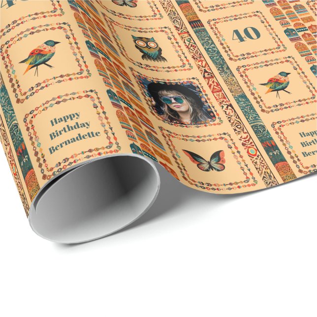 Foto Name Age Ethnic Bohemisch Peach Owl Geburtsta Geschenkpapier (Rolleneckpunkt)