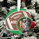 Foto Name des Fußballspielers Ornament<br><div class="desc">Dieses Design verfügt über einen Fußball-Hintergrund mit Platz für einen Namen, eine Nummer und ein Foto. Klicken Sie auf die Schaltfläche Anpassen für mehr Flexibilität beim Anpassen des Textes! Variationen dieses Designs sowie der Koordinationsprodukte sind in unserem Shop, zazzle.com/store/doodlelulu, erhältlich. Kontaktieren Sie uns, wenn Sie dieses Design für ein bestimmtes...</div>