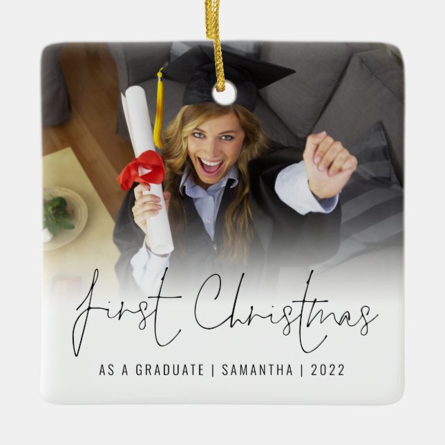 Foto Name Jahr erste Weihnachtsfeier als Absolvent Keramikornament (Vorderseite)