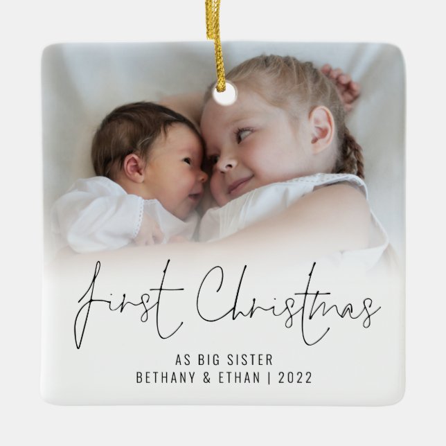 Foto Name Jahr Erste Weihnachtsfeier Große Schwest Keramikornament (Vorderseite)
