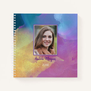 FOTO/Name/Jahr/Gold Blau & Lila Kunst Notizbuch