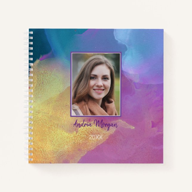 FOTO/Name/Jahr/Gold Blau & Lila Kunst Notizbuch (Vorderseite)