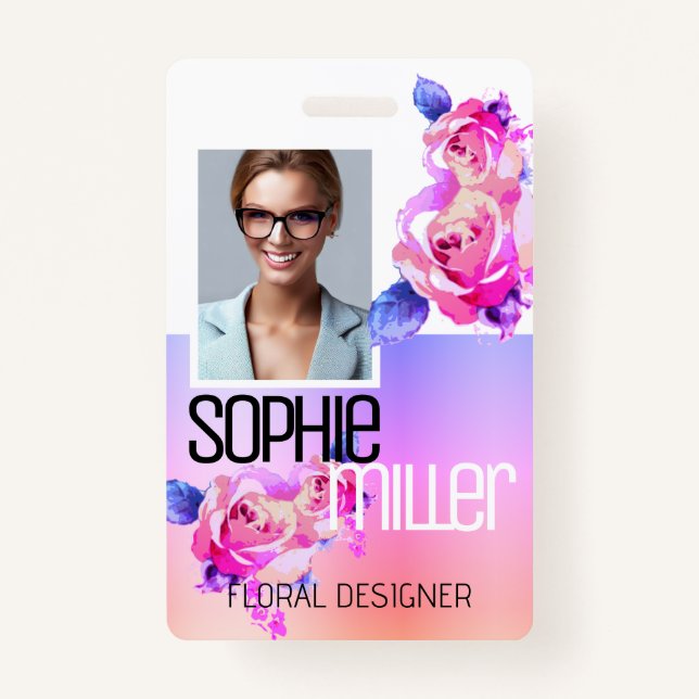 Foto Name Template Rainbow Ombre Blume Rose Ausweis (Vorderseite)