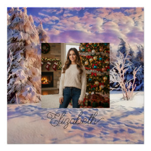 Foto Name Winterlandschaft Wasserfarben Lila Rosa Poster