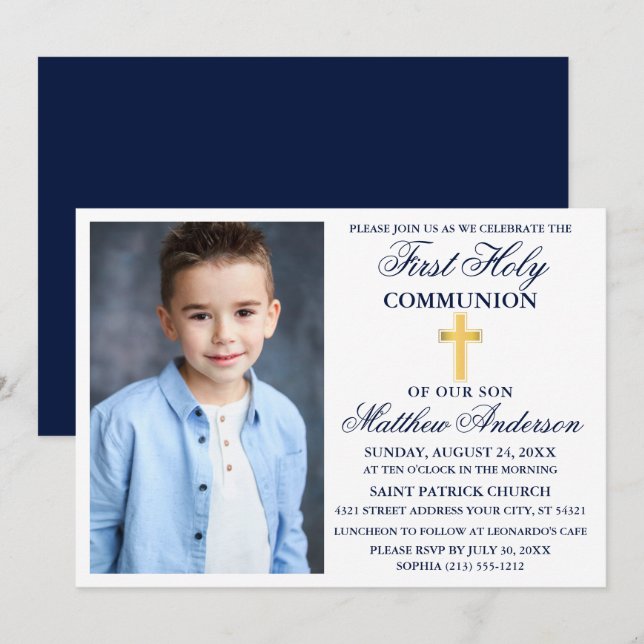 Foto Navy Blue Gold Cross Einladung (Vorne/Hinten)