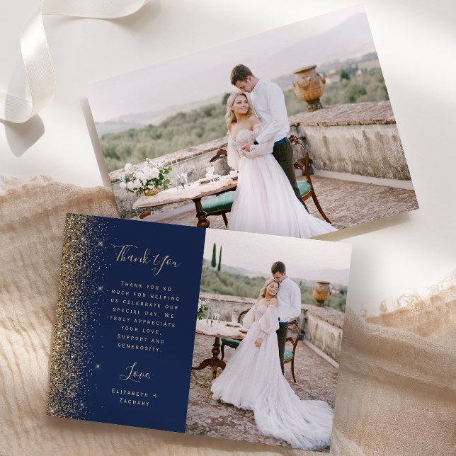 Foto Navy Blue Gold Glitzer Script Hochzeit Dankeskarte (Von Creator hochgeladen)