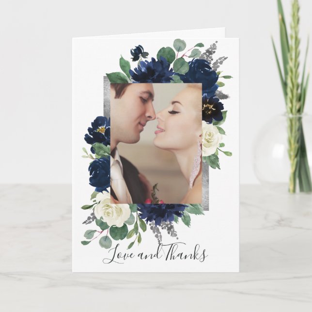 Foto Navy Blue und Silver Elegante Blumenhochzeit Dankeskarte (Vorderseite)