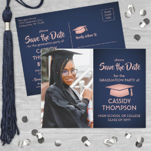 Foto Navy Pink Rose Gold Abschluss Save the Date Postkarte