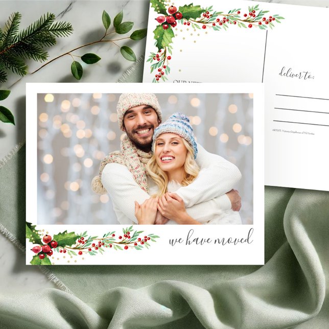 Foto New Zuhause Christmas Postkarte (Christmas photo postcard watercolor red and green botanicals moving announcement by VG Invites)