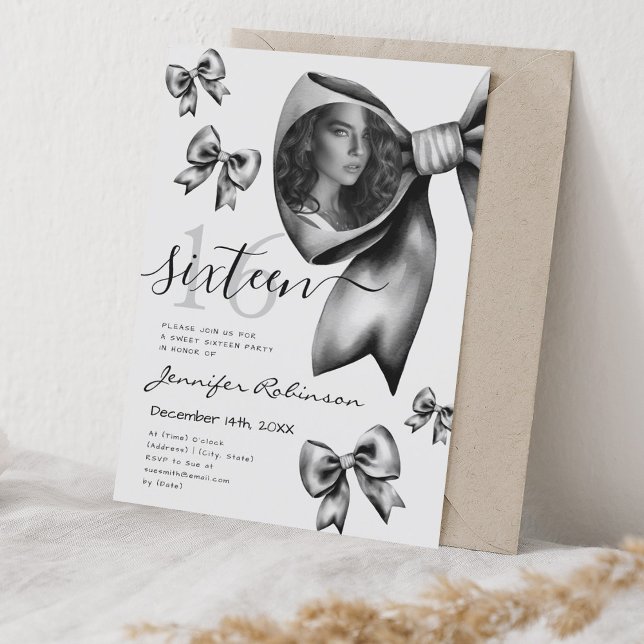 FOTO Niedlich Coquette Black Bow Sweet 16 Einladung (PHOTO Cute Coquette Black Bow Sweet 16 Invitation)