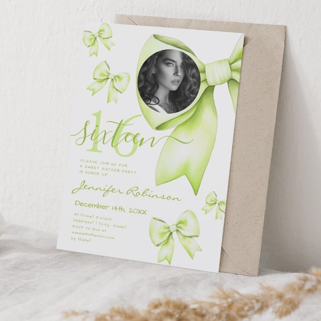 FOTO Niedlich Coquette Limette Grün Bow Sweet 16 Einladung (PHOTO Cute Coquette Lime Green Bow Sweet 16 Invitation)