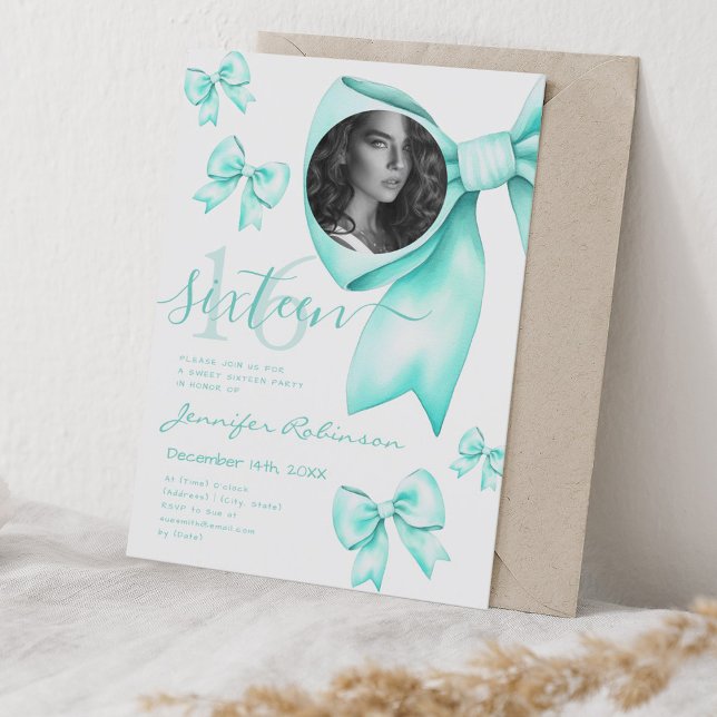 FOTO Niedlich Coquette Türkis Bow Sweet 16 Einladung (PHOTO Cute Coquette Turquoise Bow Sweet 16 Invitation)