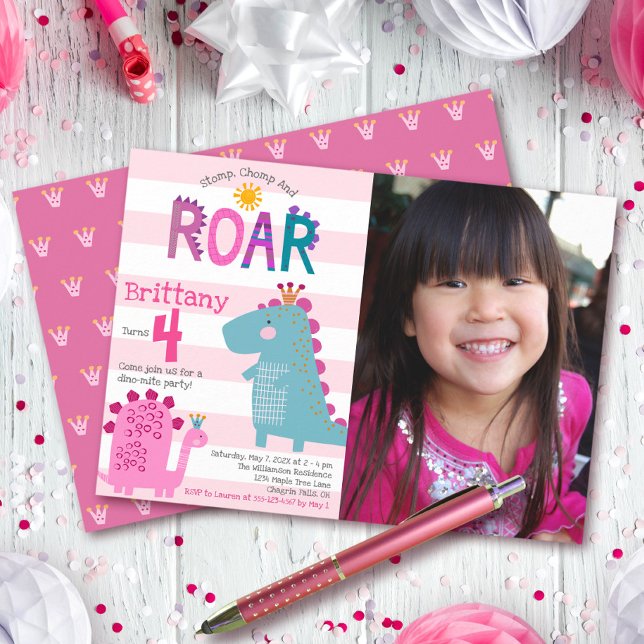 Foto Niedlich Dinosaur Stomp Chomp Roar Girl Gebur Einladung (Von Creator hochgeladen)