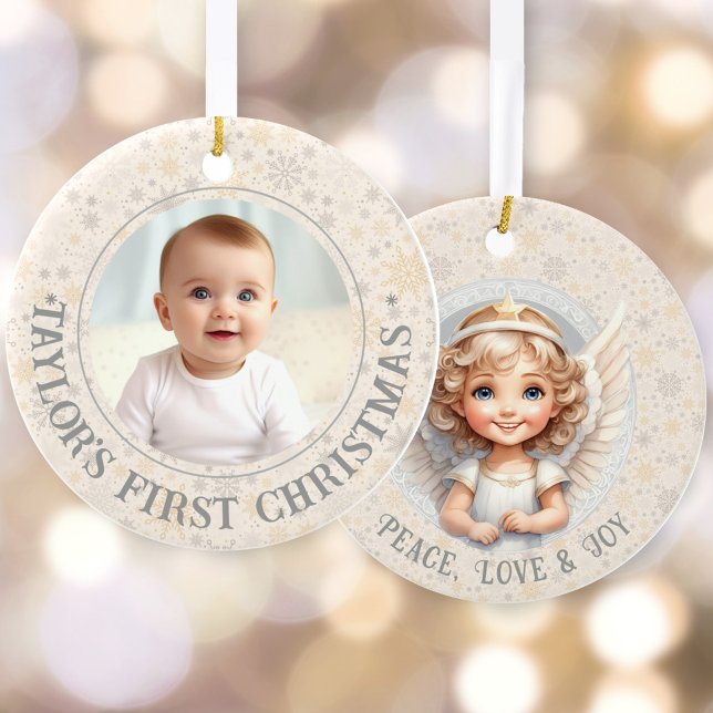 Foto "niedlich First Christmas Angel Template Name Keramik Ornament (Cute First Christmas Angel Template Name Photo Ceramic Ornament)