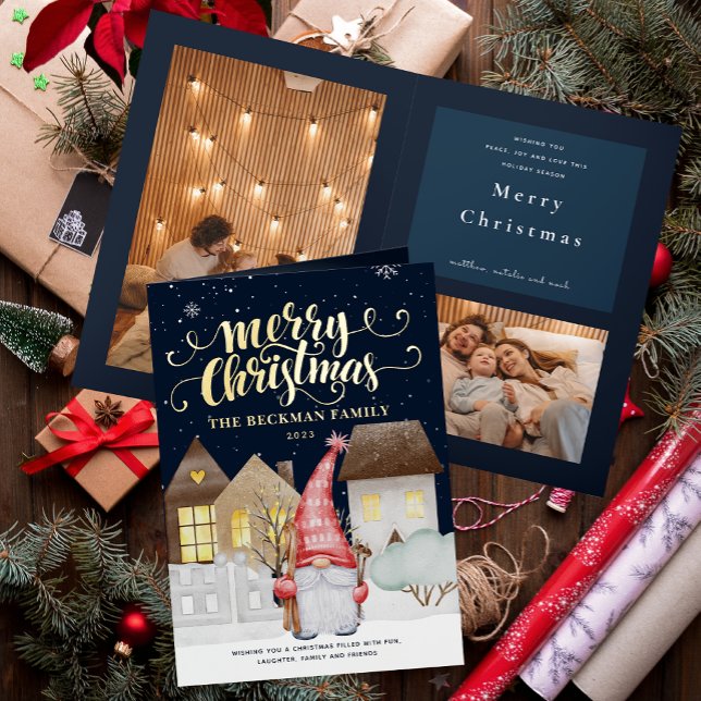 Foto Niedlich Gnomes Winterschnee Frohe Weihnachte (Photo Cute Gnomes Winter Snow Merry Christmas Foil Holiday Card)