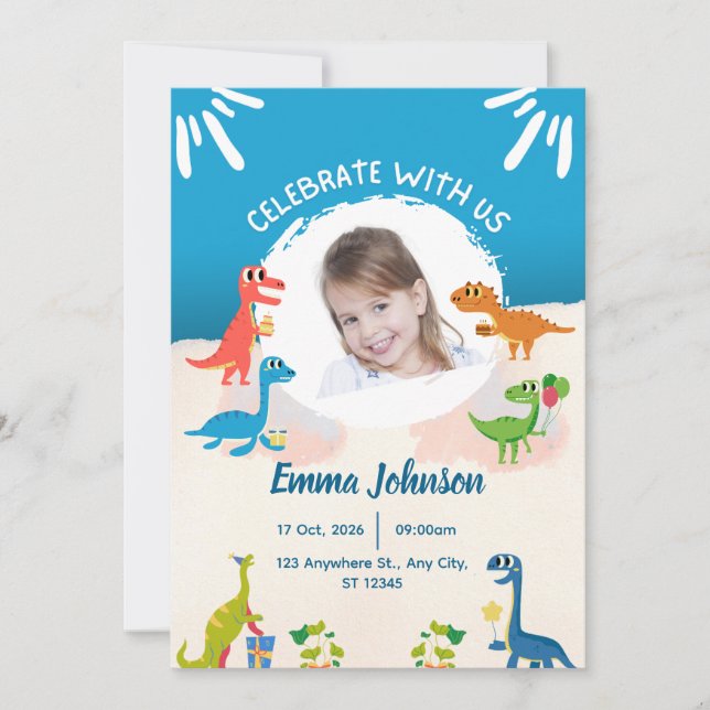 Foto Niedliche Dinosaurier für Kinder Einladung zu (Vorderseite)