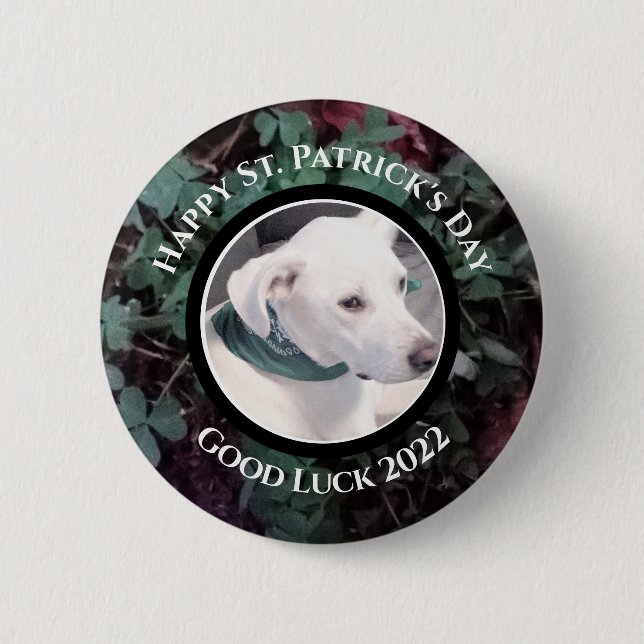 Foto Niedlicher weißer Hunde Grüne Kleeblätter Button (Vorderseite)