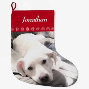 Foto Niedlicher Welpenhund Schneeflocken Rot Großer Weihnachtsstrumpf