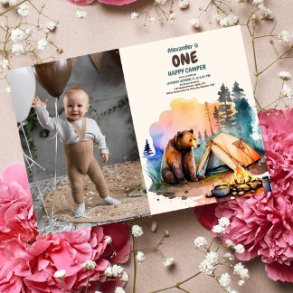 Foto One Happy Camper Wood Boys 1. Geburtstag Einladung