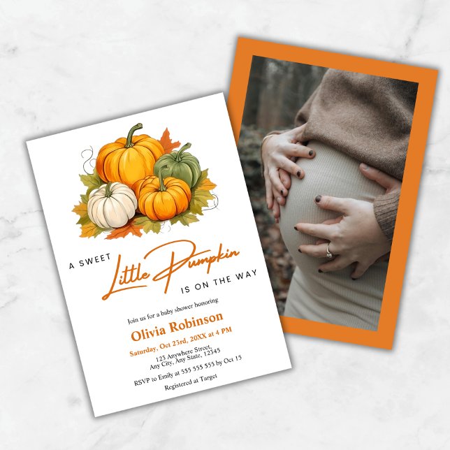 Foto Orange Herbst Ein kleines Pumpkin Baby Dusche Einladung (Photo Orange Autumn A Little Pumpkin Baby Shower Invitation  )