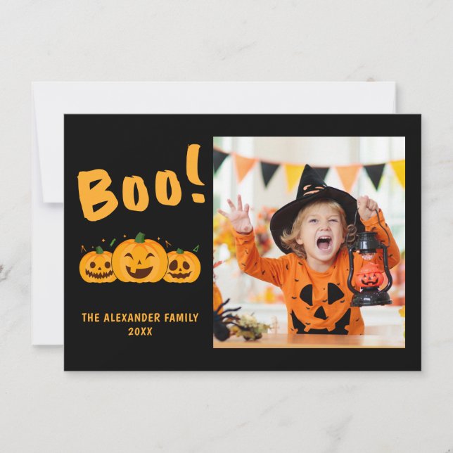 Foto Orange Pumpkins Black Halloween Boo Mitteilungskarte (Vorderseite)