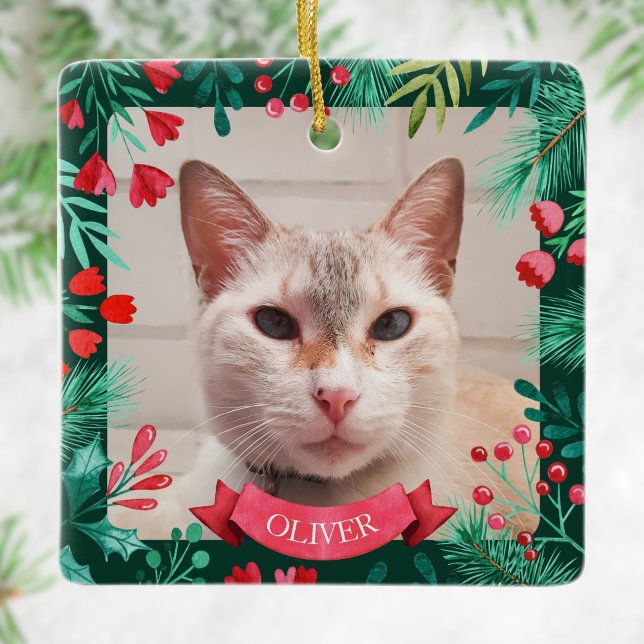 Foto Ornament Obelisk (Custom Pet Cat Photo Watercolor Winter Botanicals Ceramic Ornament)