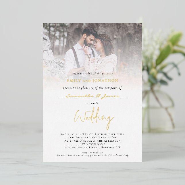 Foto Overlay Add Gast Name QR Code Wedding Real Folieneinladung (Stehend vorne)