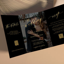 Foto Overlay Gold Schwarze UAWG Details QR Hochzei Dreifach Gefaltete Einladung
