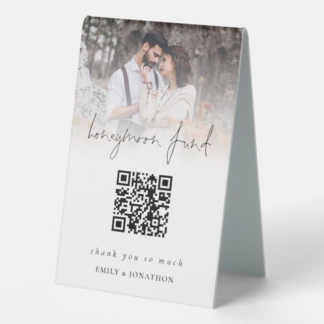 Foto Overlay Qr Code Honeymoon Fund Hochzeit Tischaufsteller (Rückseite)
