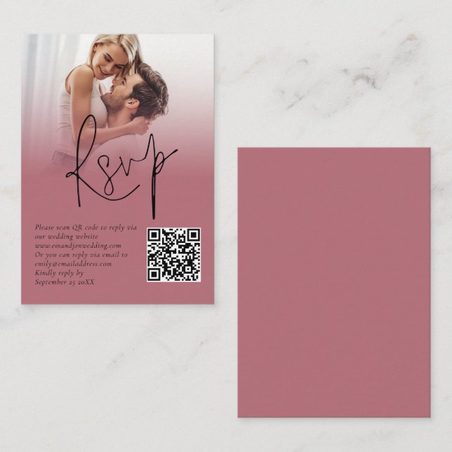 Foto Overlay Script QR Rose Gold Wedding RSVP Begleitkarte (Vorne/Hinten)