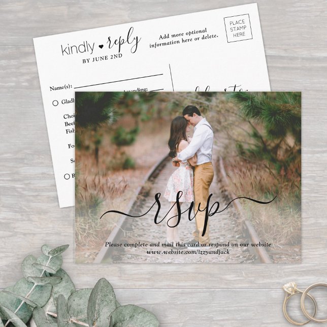Foto Overlay Simple Elegant Script Wedding RSVP Einladungspostkarte (Von Creator hochgeladen)