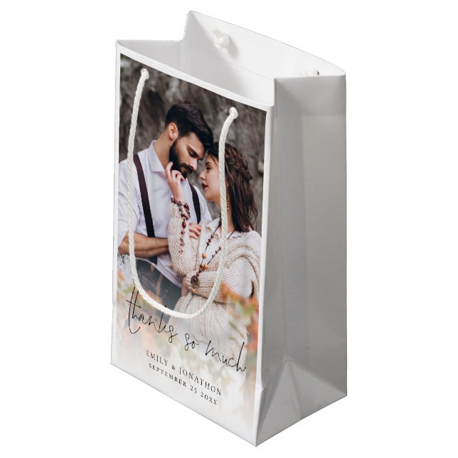 Foto Overlay-Skript dank so viel Gefallen Hochzeit Kleine Geschenktüte (Vorderseite Schrägansicht)