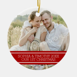 Foto-Paar-erstes Weihnachtsverzierungs-Rot Keramik Ornament