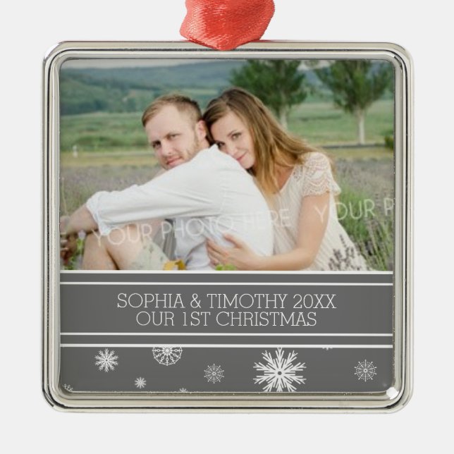 Foto Paare Erste Weihnachtsfeier Grau Silbernes Ornament (Vorne)
