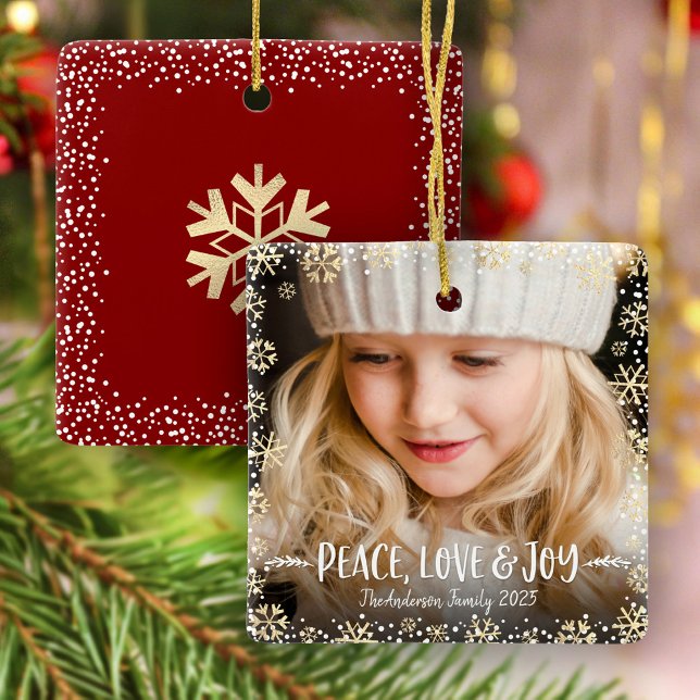 Foto Peace Liebe Joy Gold Snowflake Chic Weihnacht Keramikornament (Von Creator hochgeladen)