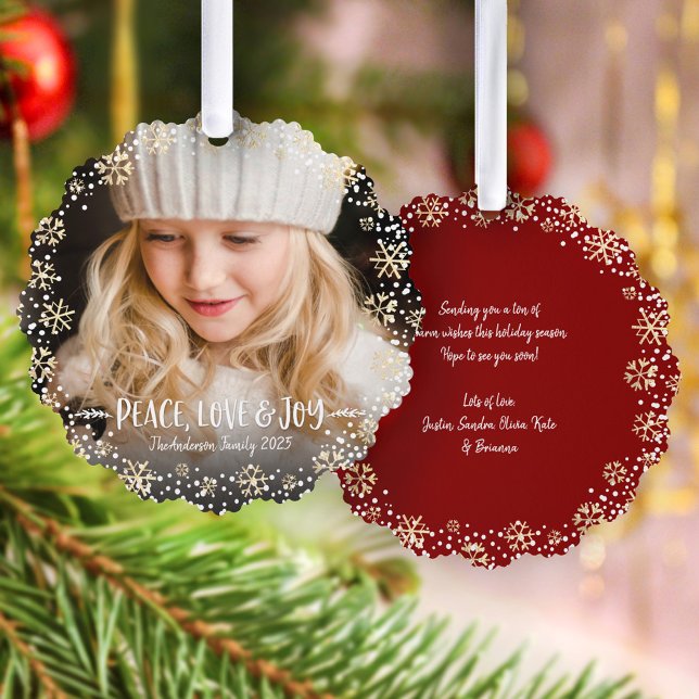 Foto Peace Liebe Joy Gold Snowflake Chic Weihnacht Ornament Karte (Von Creator hochgeladen)