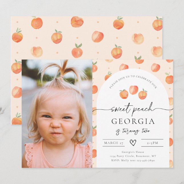 Foto Peach Birthday Einladung | Sweet Peach (Vorne/Hinten)