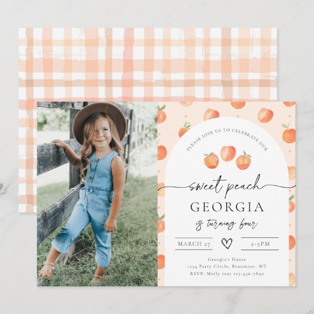 Foto Peach Birthday Einladung | Sweet Peach (Vorne/Hinten)