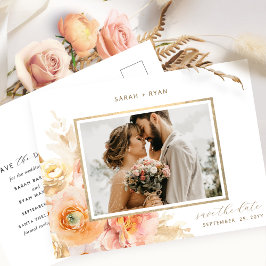 Foto Peach Blush Cream Gold Hochzeit Speichern Sie Ankündigungspostkarte