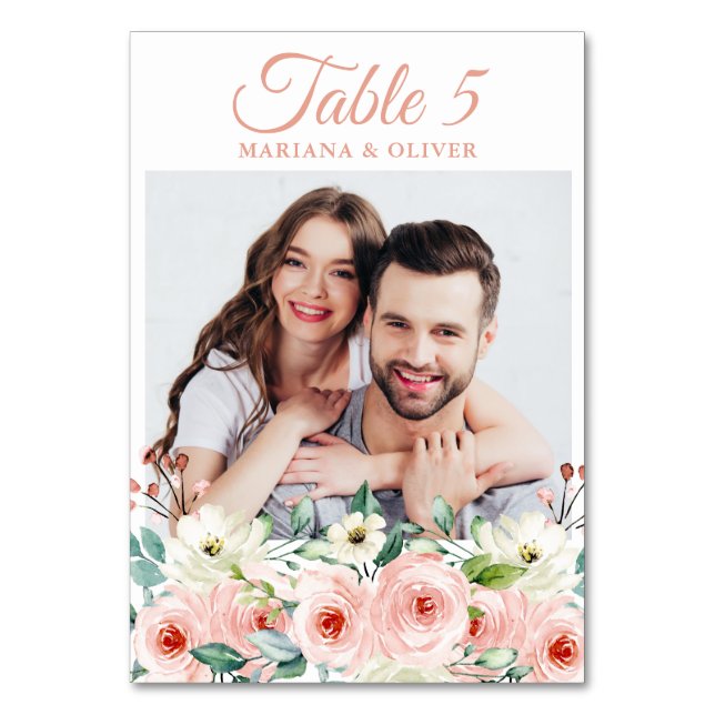 Foto Peach Floral Wedding Tischnummer (Vorderseite)