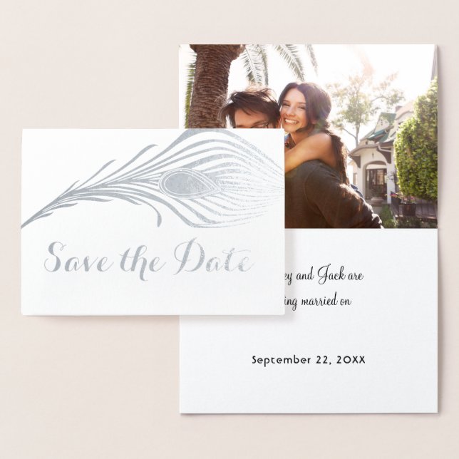 Foto Peacock Save the Date Typografie - Silberstre Folienkarte (Anzeige)