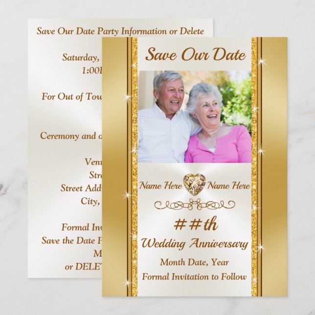 Foto Personalisiert, Save the Date Gold und Elfenb Einladung (Vorne/Hinten)
