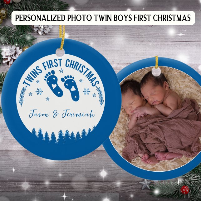 Foto Personalisiert Twin Boys Erstes Weihnachtsfes Keramik Ornament (Von Creator hochgeladen)